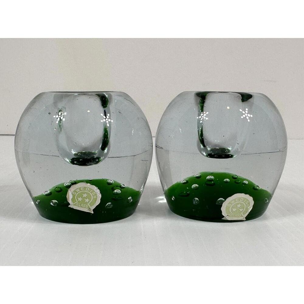 2 VTG Hand Blown Bullicante Glass Candle Holder Controlled Bubble Swedish Glasss